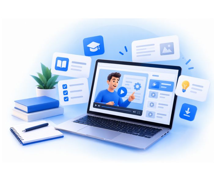 Laptop con tutoriales y recursos de aprendizaje digital